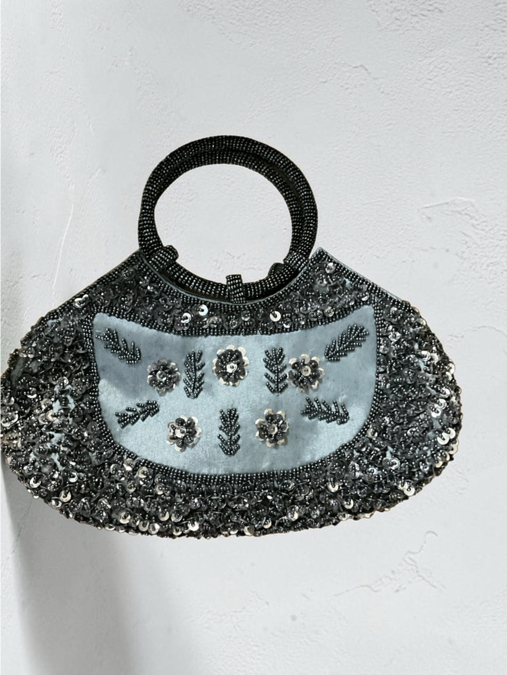 Vintage Black Beaded Sequin Evening Bag Ring Handle Floral Purse